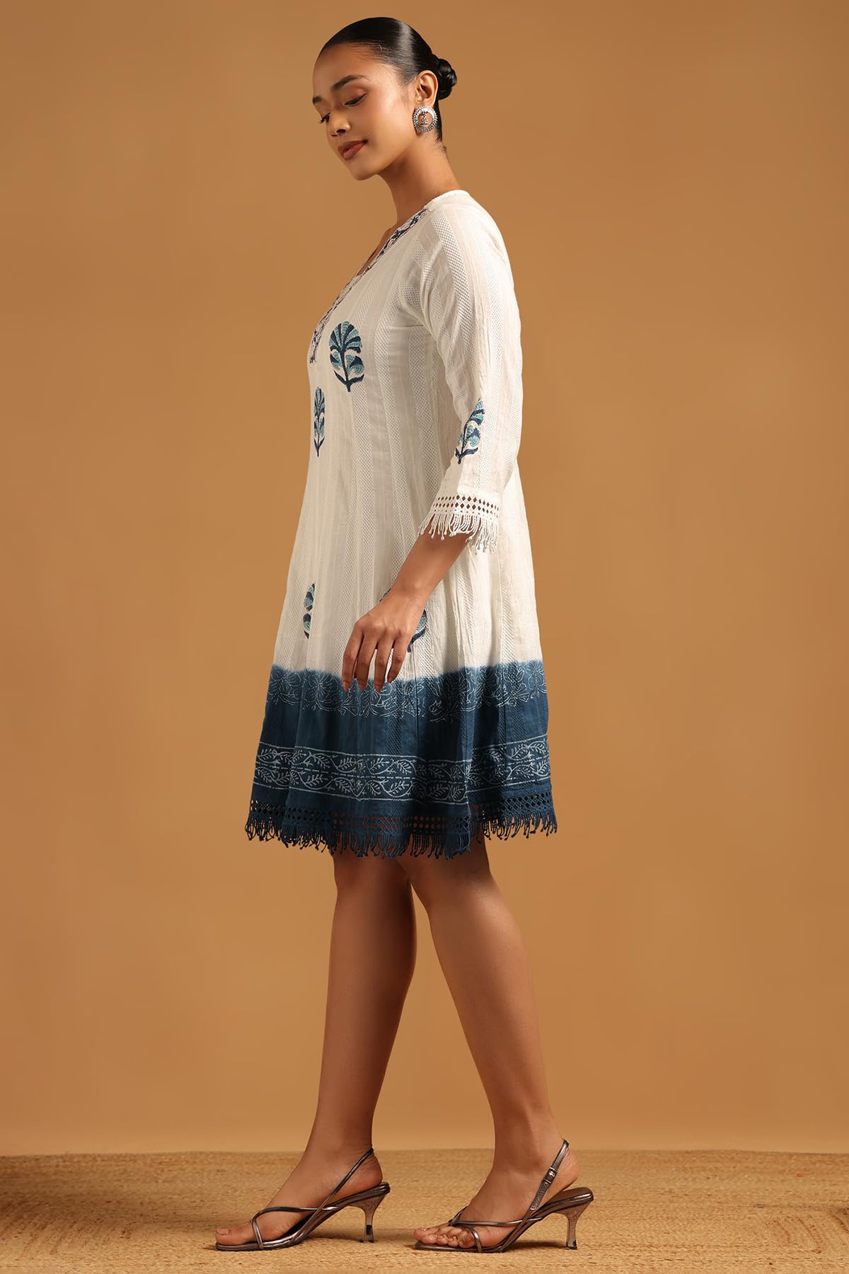 Soch Womens Off White Cotton Dobby Botanical Dress with Lace