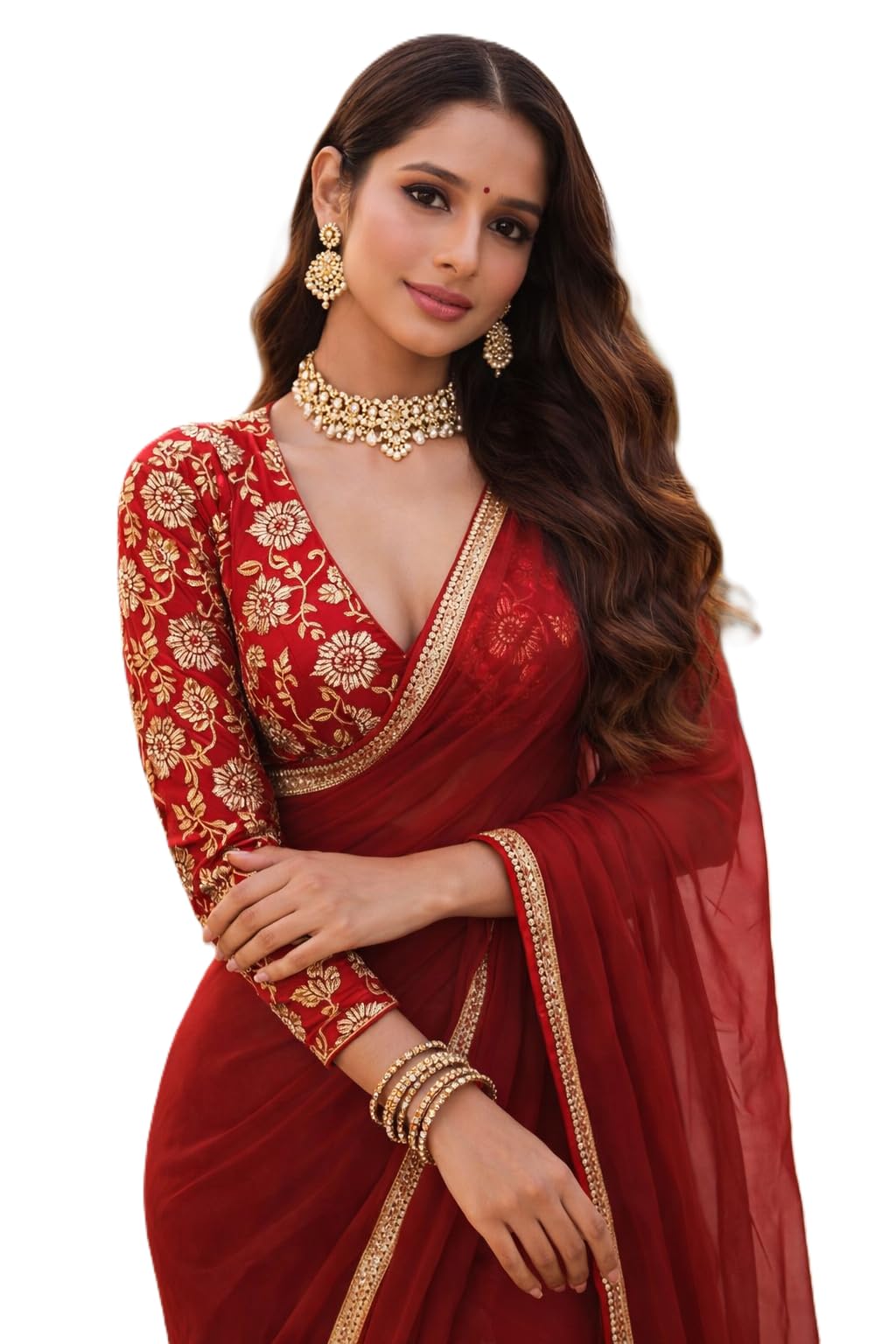 Ekasya Women Red Solid Pattern Embroidery Saree With Unstitched Blouse (E6370)
