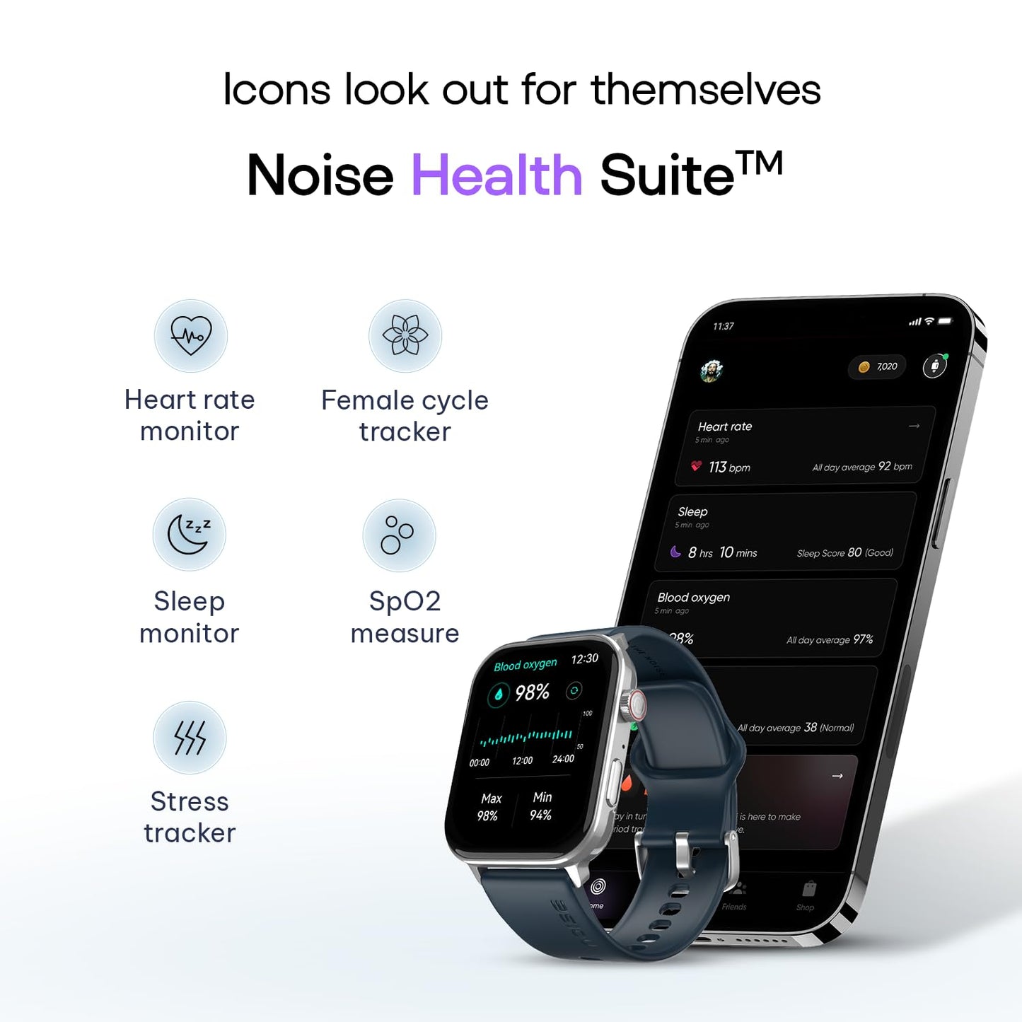 Noise Icon 5 Smartwatch with AI Watch Faces & AI Search, 1.95” AMOLED Display, 10 Days Battery, Bluetooth Calling, 100+ Sports Modes, IP68 (Space Blue)