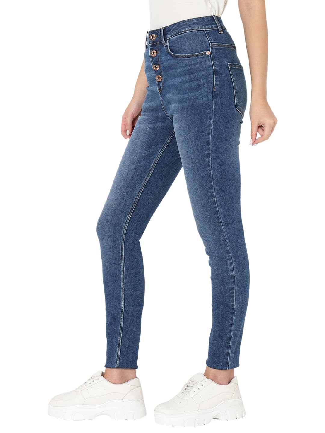 VERO MODA Women Solid Medium Blue Cotton Skinny Fit Ankle Length High Rise Jeans