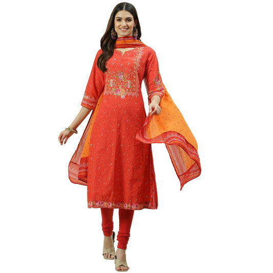 BIBA WOMEN PRINTED NARROW SALWAR KURTA DUPATTA(SKDSKD7485E_RED_34)