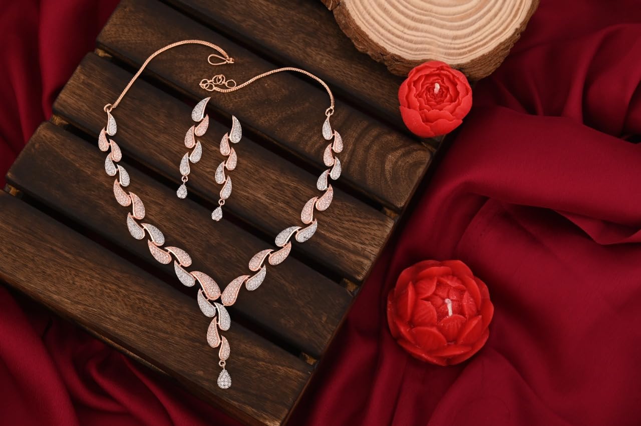 Ratnavali Jewels American Diamond CZ Rose Gold Plated Designer Jewellery Set/Necklace Set with Chain & Earring for Girls/Women (RV3382RG)