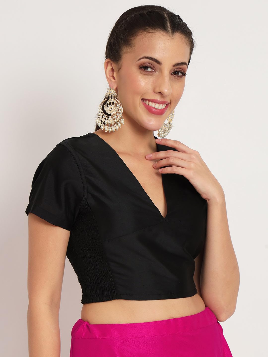 studio rasa Women's Silk Blend Stretchable Short Sleeve Blouse For Festive Wedding Party (Tpwc52337Xl_Bl_Black_X-Large)