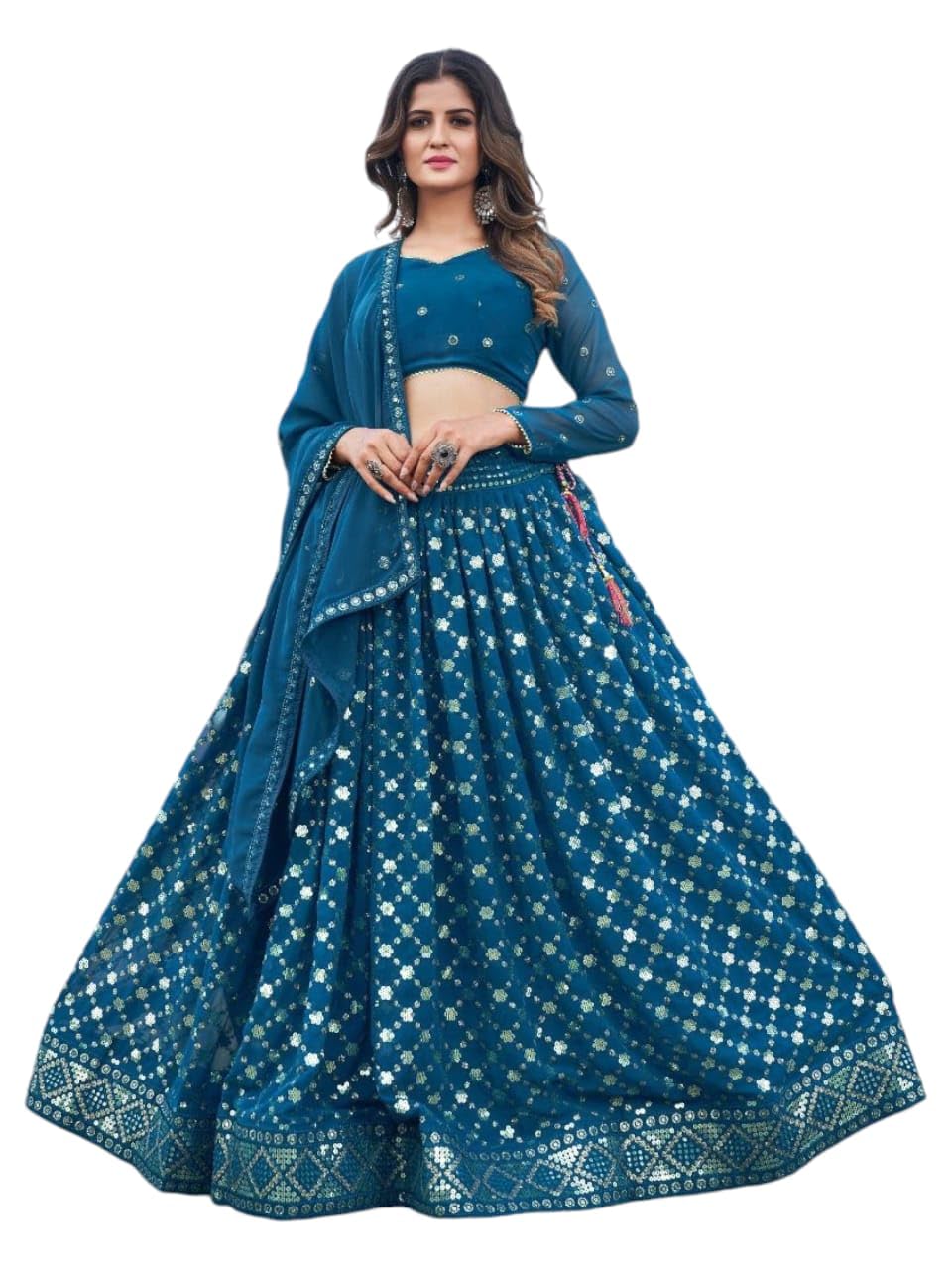 MUNIR Fashion Women's Beautiful Design 3mm Glitter & 7mm Twin Sequence Work Lehenga.(Blue)