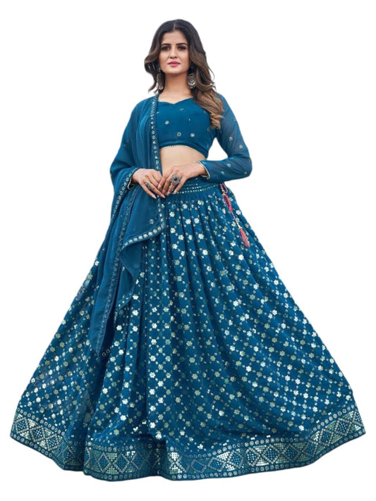 MUNIR Fashion Women's Beautiful Design 3mm Glitter & 7mm Twin Sequence Work Lehenga.(Blue)