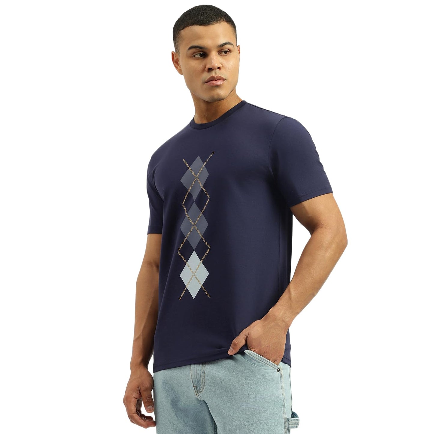 United Colors of Benetton Relaxed Fit Crew Neck Gradation Argyle T-Shirt (Size: 3XL)-25A3E99J3304I252 Blue