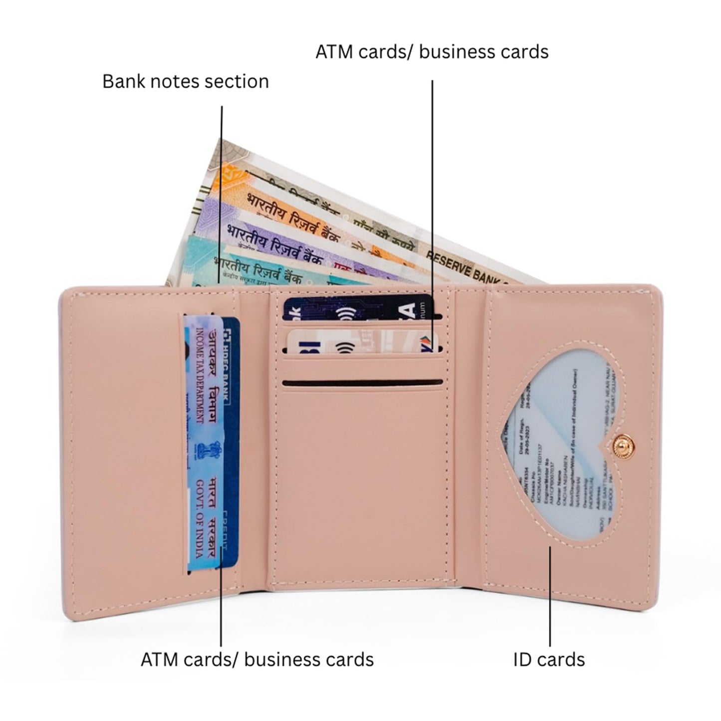 INOVERA (LABEL) Trifold Wallets for Girls, Women - Faux Leather Mini Credit Cards, Cash Holder Wallet - Small Pocket Purse (White)