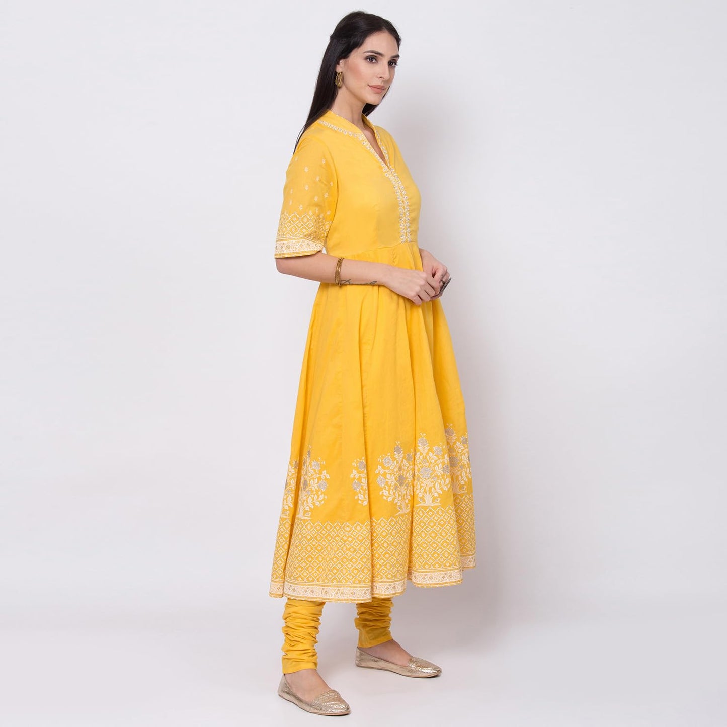 BIBA Women's Cotton Printed Fitted Salwar Kurta Dupatta (Skdassorted5919E_Yellow_38)