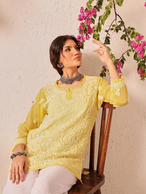 Ada Hand Embroidered Lucknowi Chikankari Georgette Short Kurti Top Tunic for Women A911494 Yellow (M)
