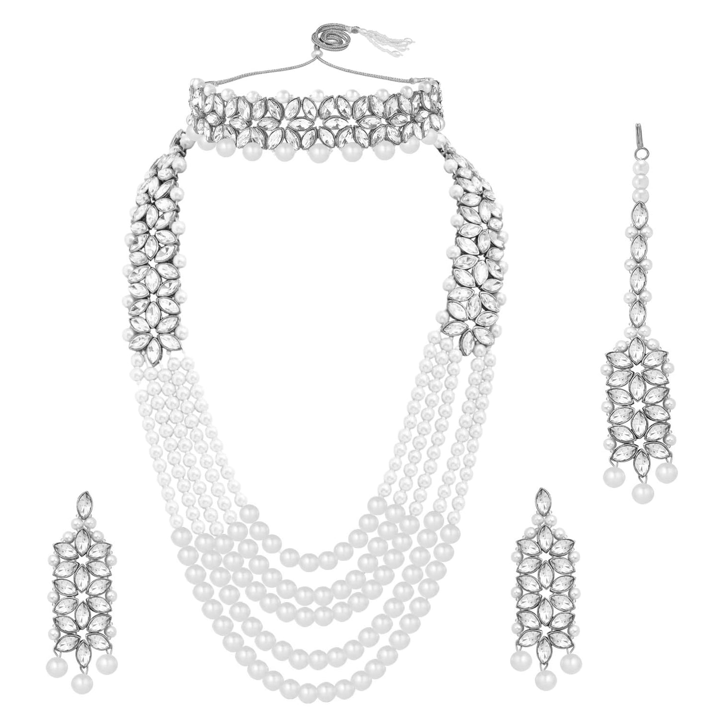 Peora Silver Plated Crystal & Beads Studded Bridal Short & Long Necklace Earrings Maangtikka Jewellery Set for Women