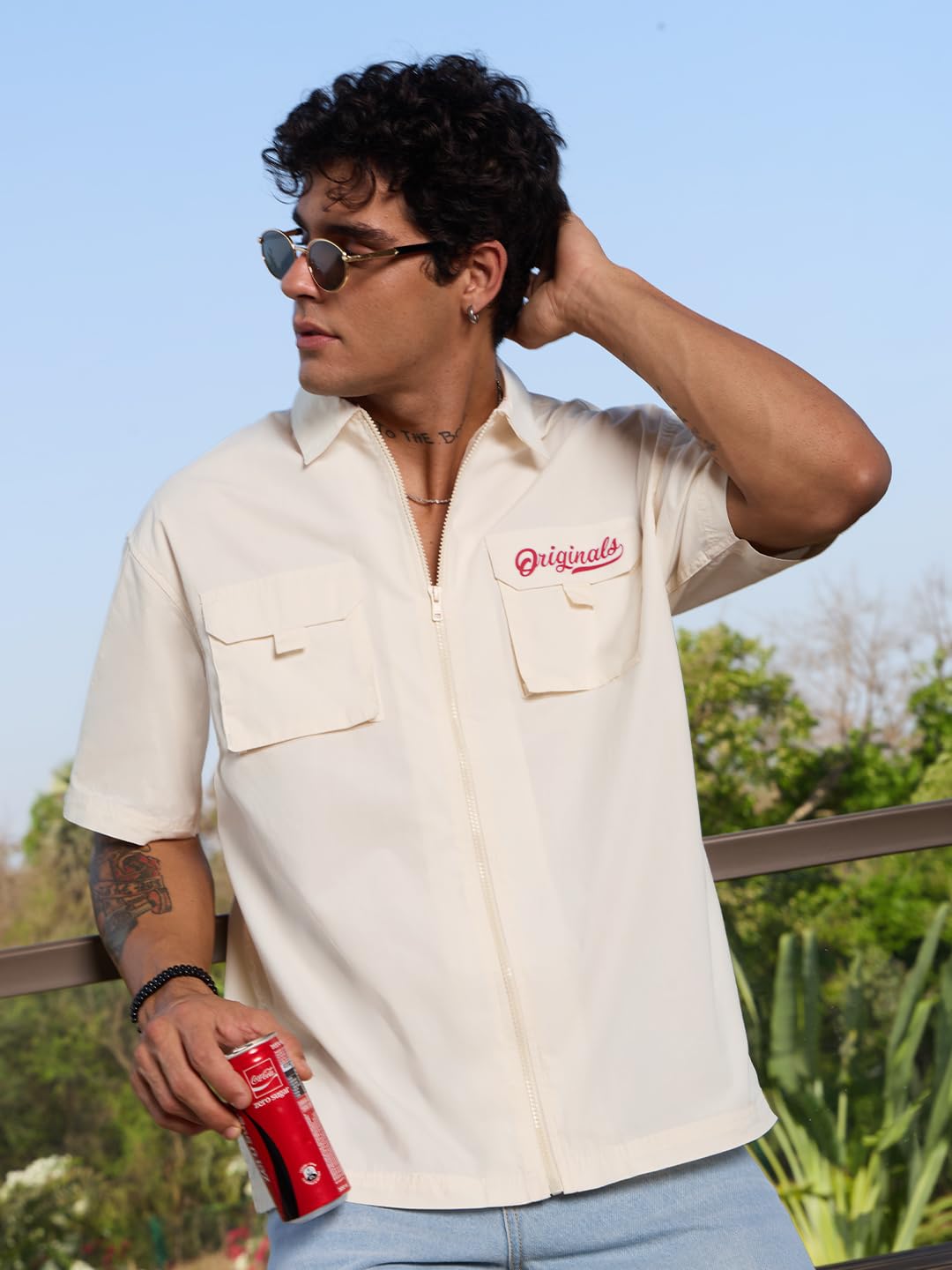 The Souled Store Solids : Off-White Men and Boys Long Sleeve Collared Neck Button Down Regular Fit Cotton Utility Shirts