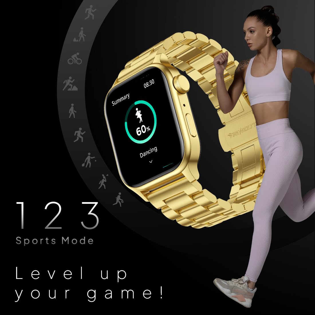 Fire-Boltt Rise Luxe Stainless Steel Luxury, 47mm (1.85) Display Bluetooth Calling, Rotating Crown, AI Voice Assistant, 120 Sports Modes, Neon UI, Stainless Steel Straps, SpO2 (Gold)