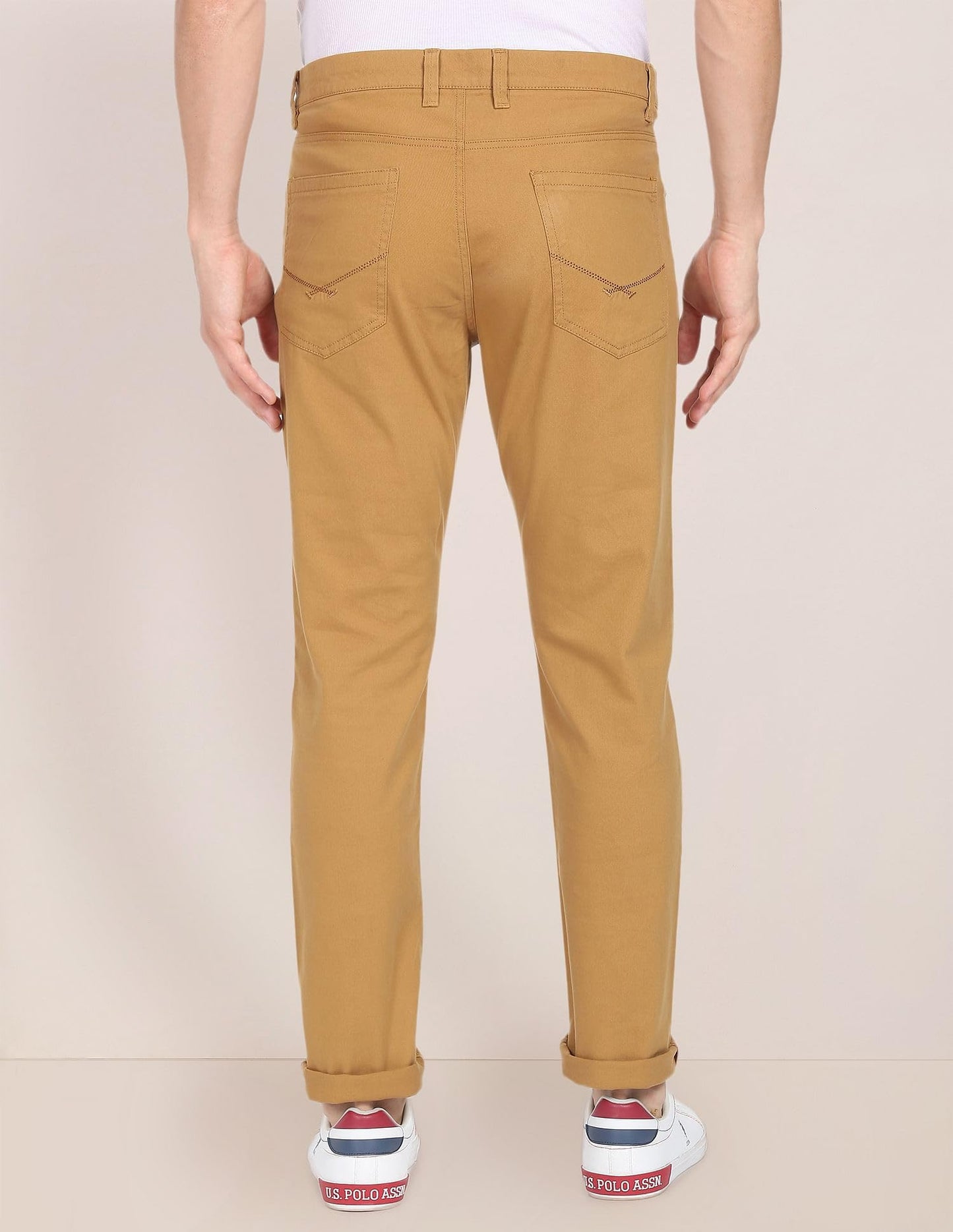 U.S. POLO ASSN. Men's Solid Brandon Regular Fit Mid Rise Casual Trousers (USTROO0269_Khaki_32)