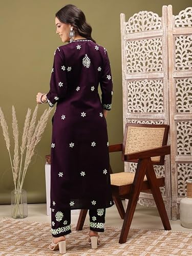 Ada Hand Embroidered Lucknowi Chikankari Cotton Kurta and Pant Set for Women A811276 Wine (S)