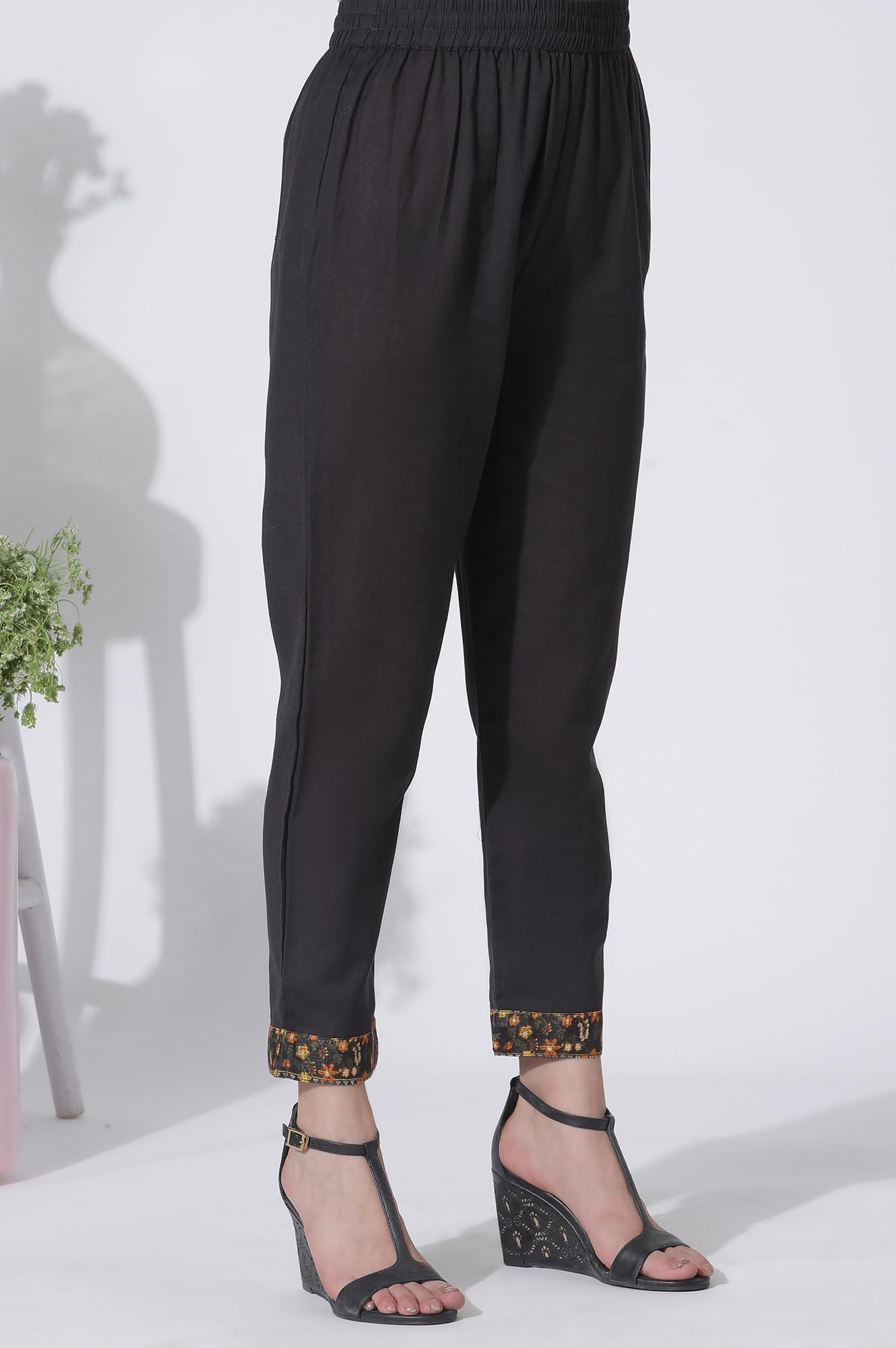 W for Woman Black Floral Printed Flared Kota Kurta, Pants and Dupatta Set_24AUWS11403-123385_XS