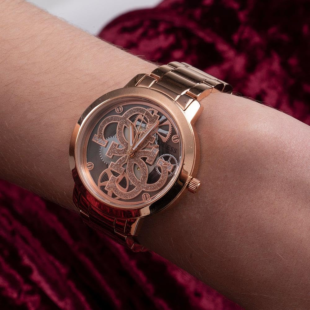 GUESS Analog Unisex Adult Watch (Gold Dial Rose Gold Colored Strap) Stainless Steel