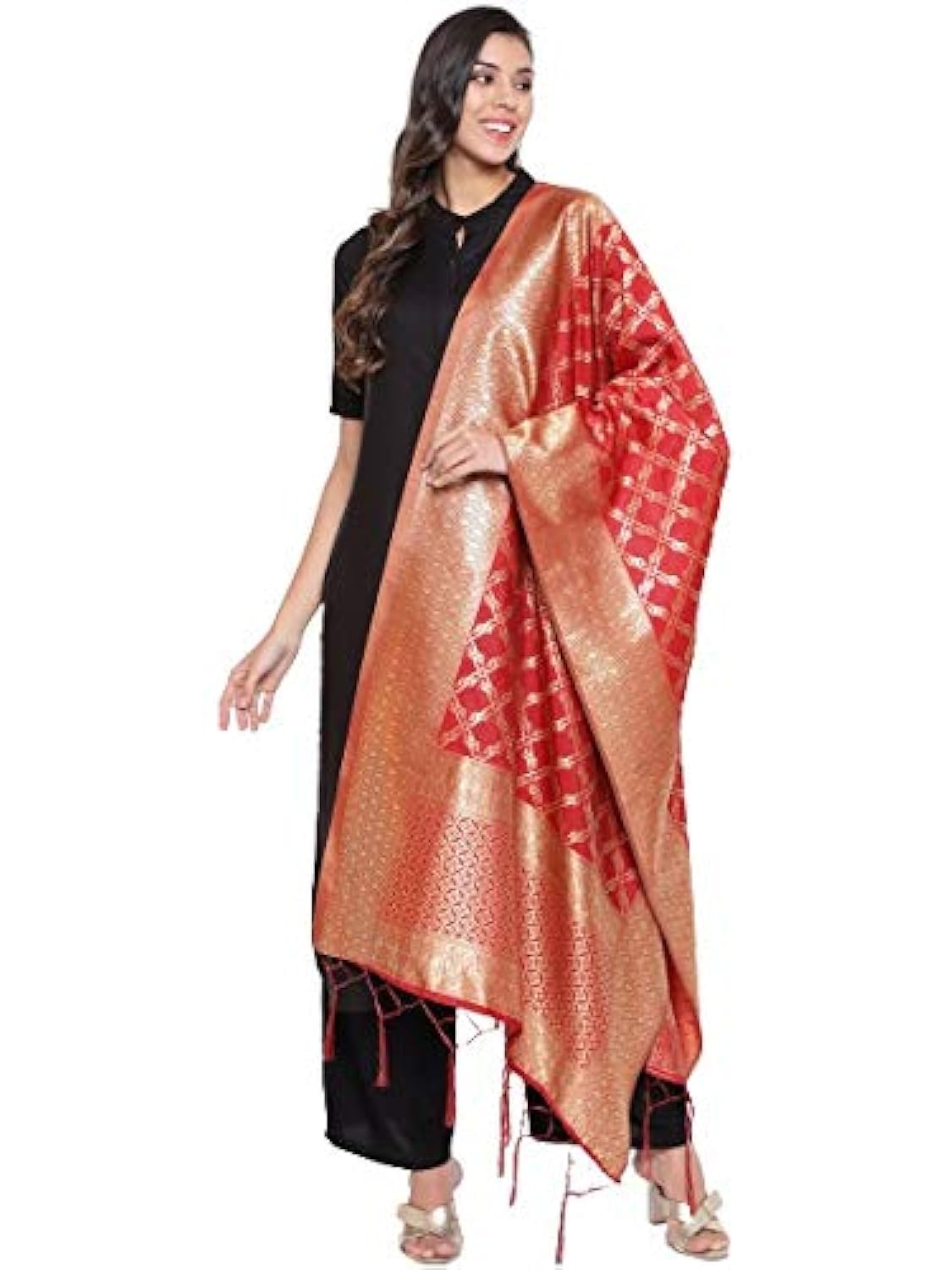 Lilots Women's Banarasi Silk Jacquard Woven Dupatta Gorgeous Printed Chunni (Red), Free Size