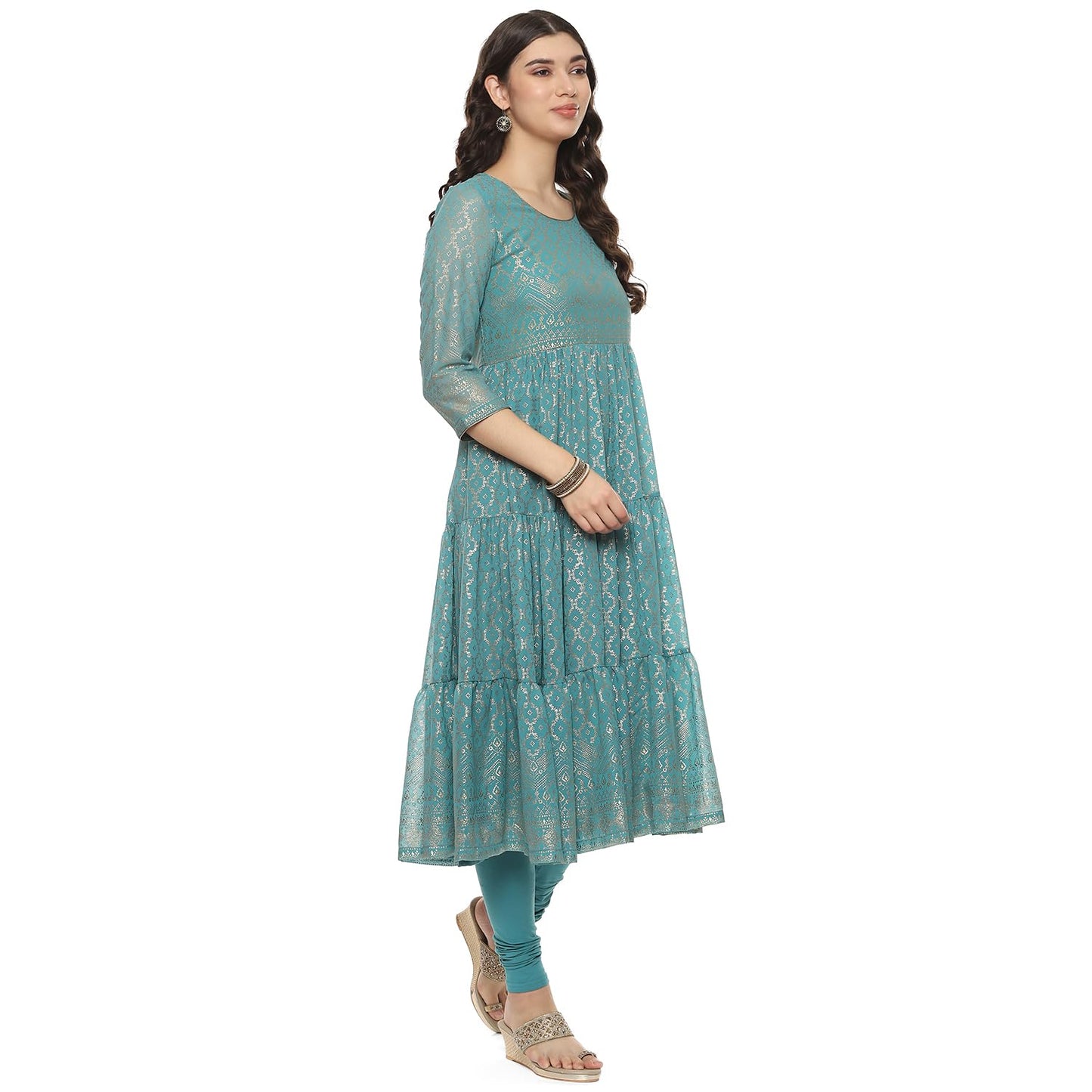 BIBA Women Cotton Blend Printed Anarkali Salwar Kurta Dupatta(Skdgold Mur9143_Sea Green_34)