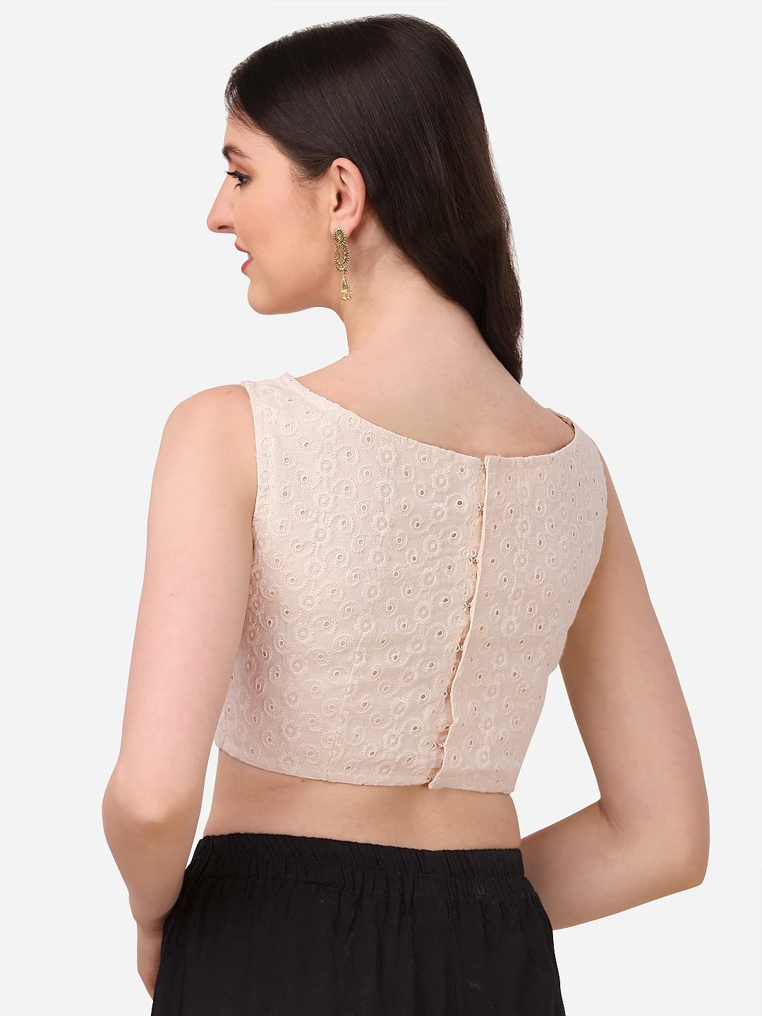 OOMPH! Women's Indian Ethnic Wear Designer Leaf Pattern V Neck Sleeveless Cotton Off-White Blouse for Saree or Lehnga and BlousePalazzos or Skirts for a Fusion Twist.