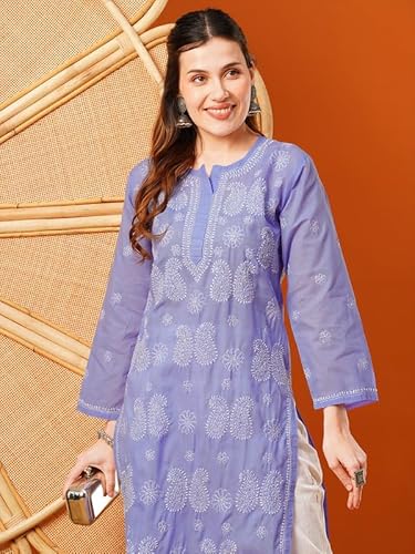 Ada Hand Embroidered Lucknowi Chikankari Cotton Kurti Kurta for Women A411610 Mauve (L)