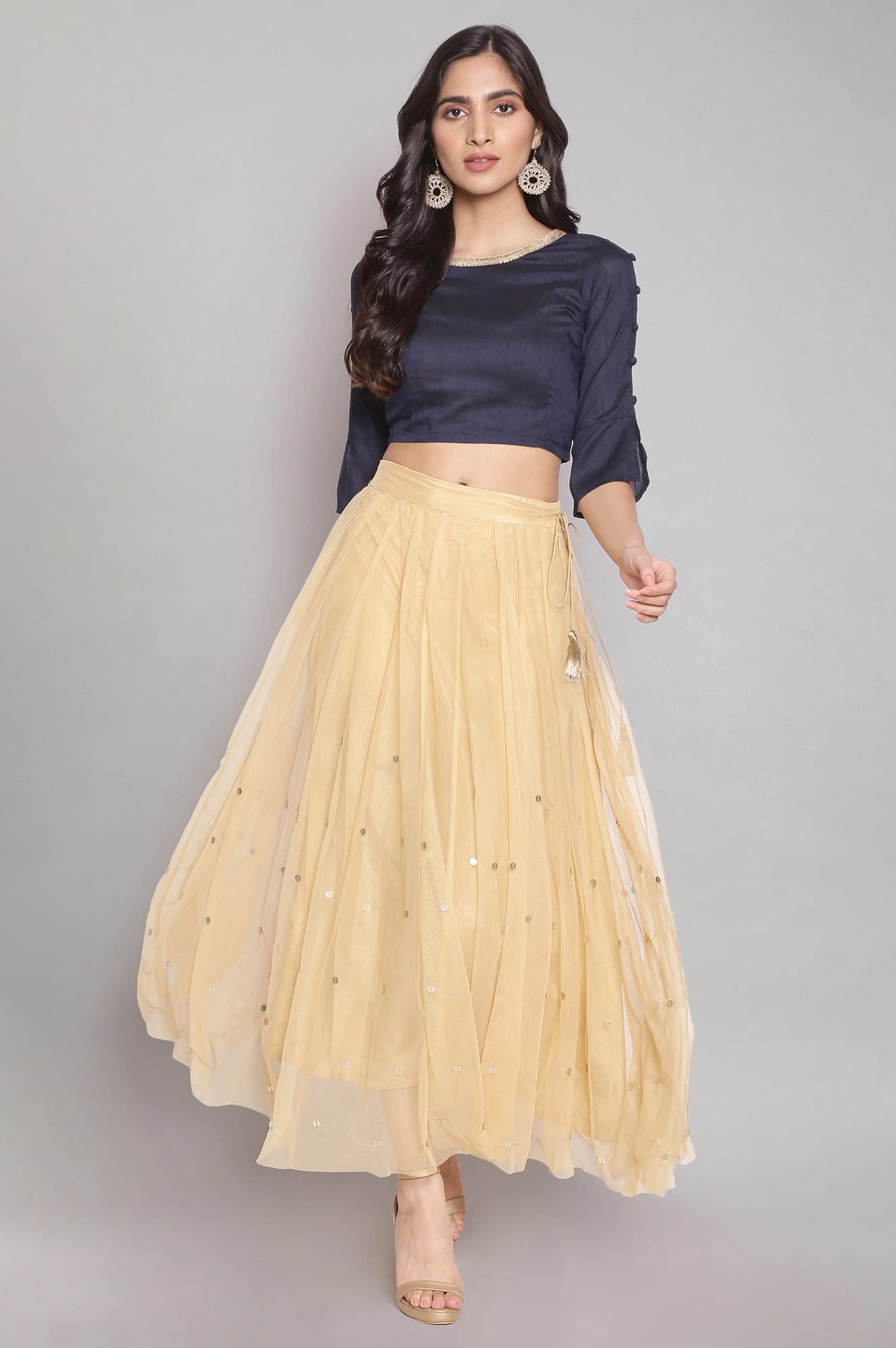W for Woman Gold Solid Sequin Flared Woven Skirt (WCR50453-215243-S)