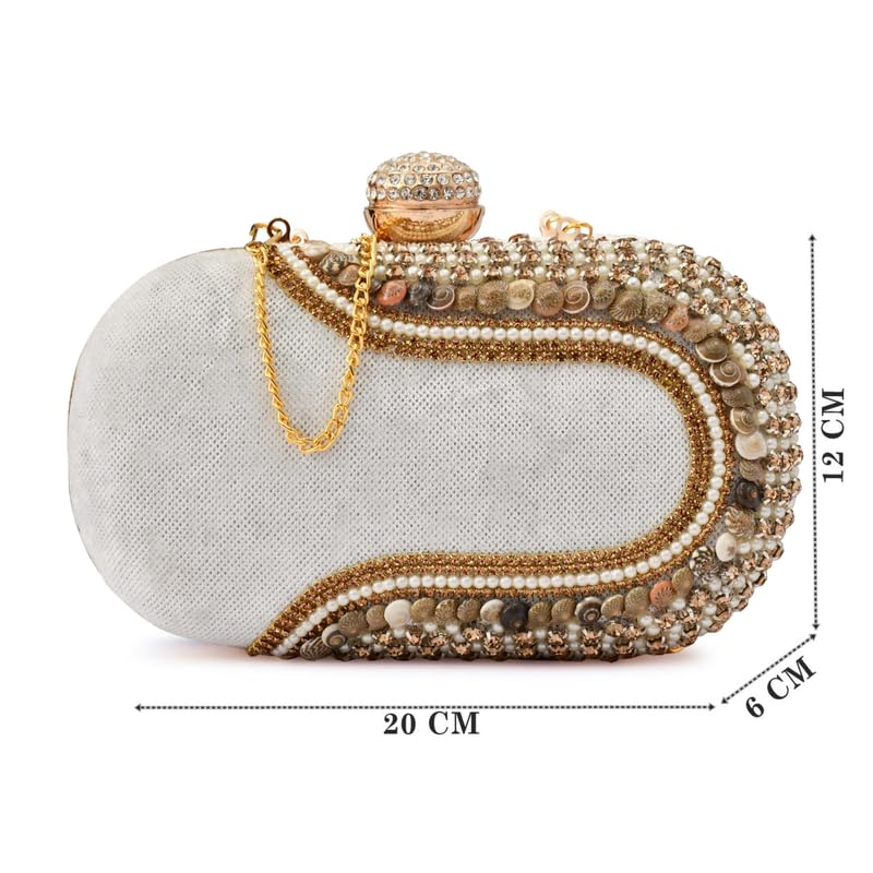 For The Beautiful You Elegant Beaded Clutch Purse for Women – Emroidered Bag with Gold Chain, Rhinestone Clasp and Stone Detailing (Cap Pebble White)