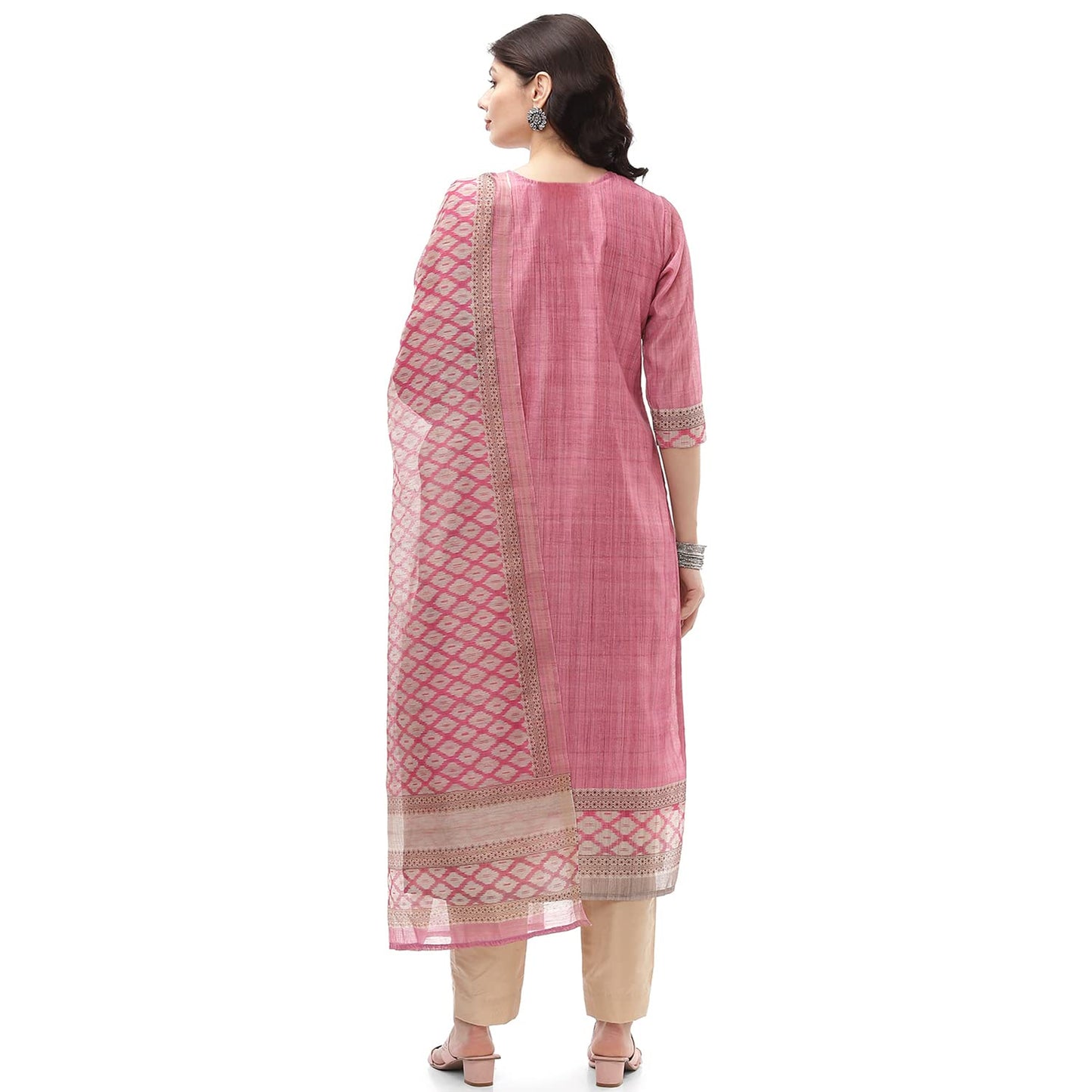 BIBA Women's Pink Chanderi Hand Embroidered Unstitched Suit Set