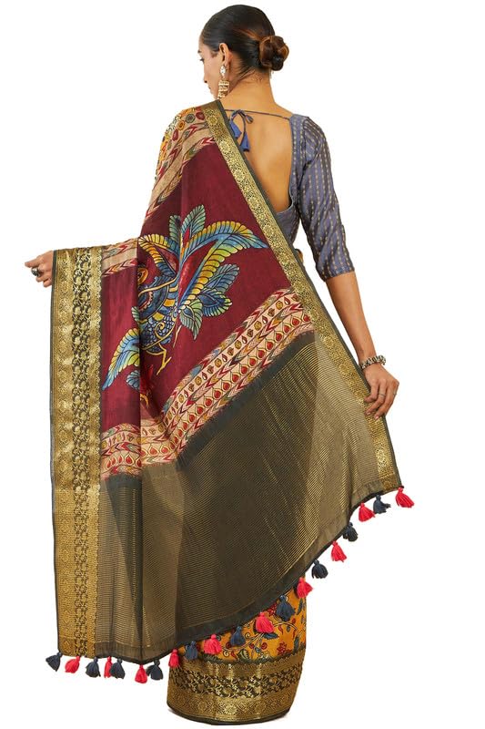 Soch Womens Mustard Crepe Saree With Floral Kalamkari Print And Zari Borders