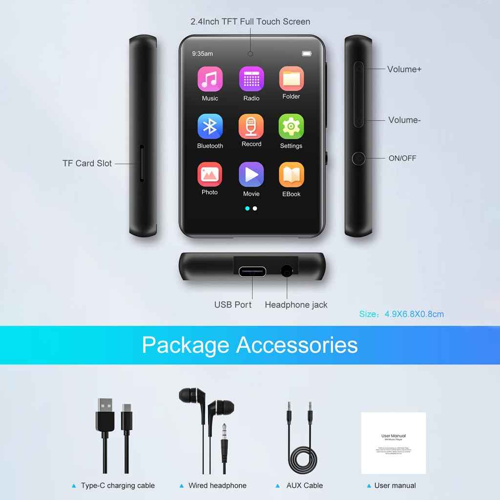 AUDIOCULAR M71 MP3 Music Player with Bluetooth 5.3, HiFi Speaker, 2.4” Touch Screen, 32GB Storage (Up to 128GB), Dual Audio Jack, Type-C Port, Video Playback, E-Book, Alarm, FM Radio etc. (32GB-Grey)