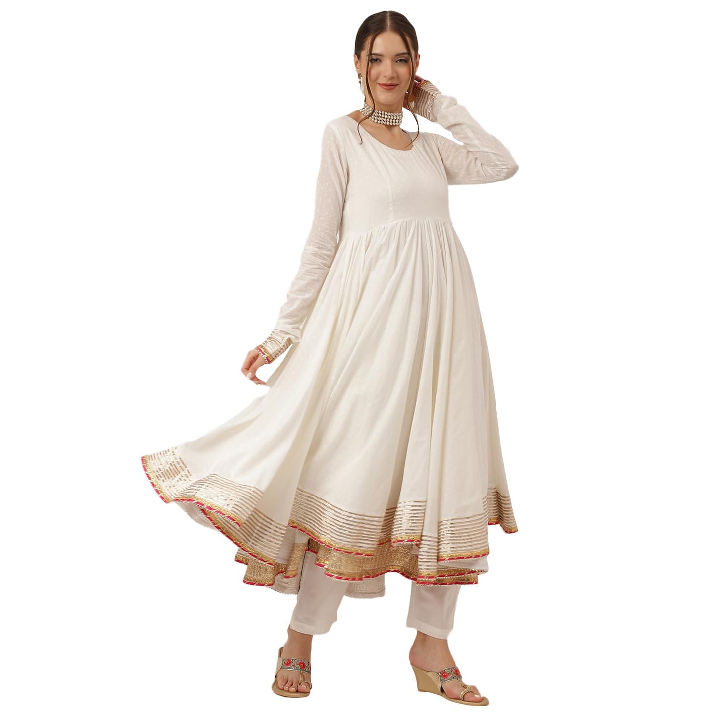 Divena Off White Shree Ram Buta Print Cotton Layered Anarkali Kurta, Trouser With Dupatta