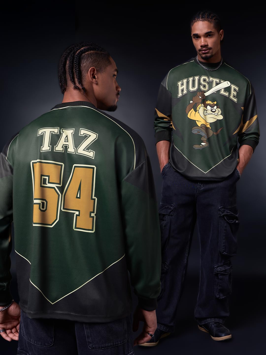 The Souled Store Official Looney Tunes: Hustlin' Taz Men and Boys Long Sleeves Round Neck Dark Green Graphic Printed Sporty Casual Easy Dry Drop Shoulder Streetwear Polyester Oversized Jerseys