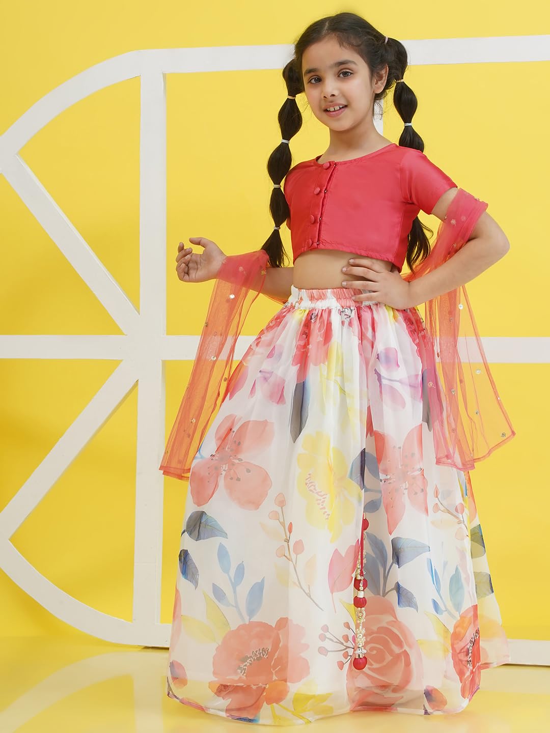 AJ DEZINES Kids Ethnic Wear Silk Blend Organza Floral Printed Pink Lehenga Choli for Girls With Dupatta (G-LH-16-PINK-36)