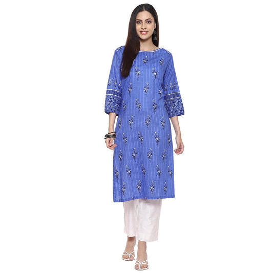 BIBA Women Cotton Printed Straight Mix and Match Regular Fit Tunic Shirt(Mnmassorted16642E_Indigo_38), Purple