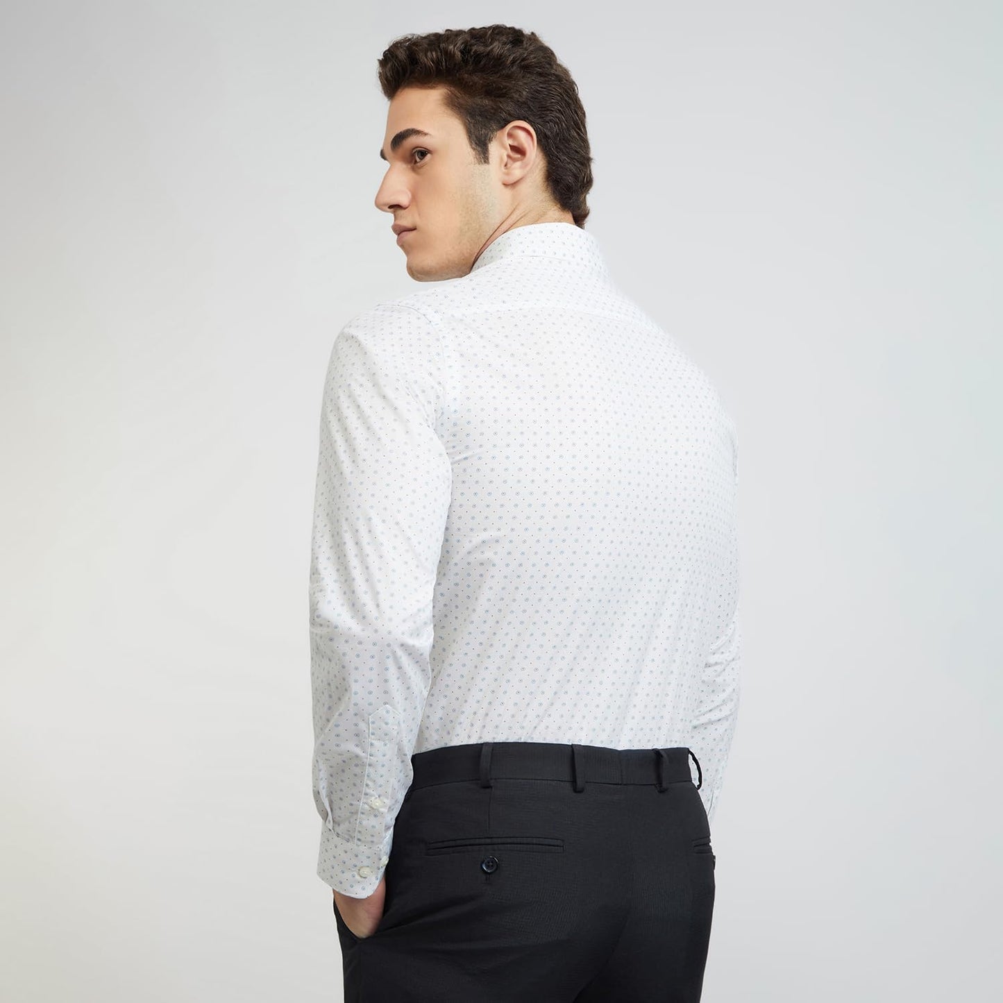 Raymond Men's Slim Fit Cotton Semicutaway Collar Print Pattern Button Closure Full Sleeve Light Blue Formal Shirt