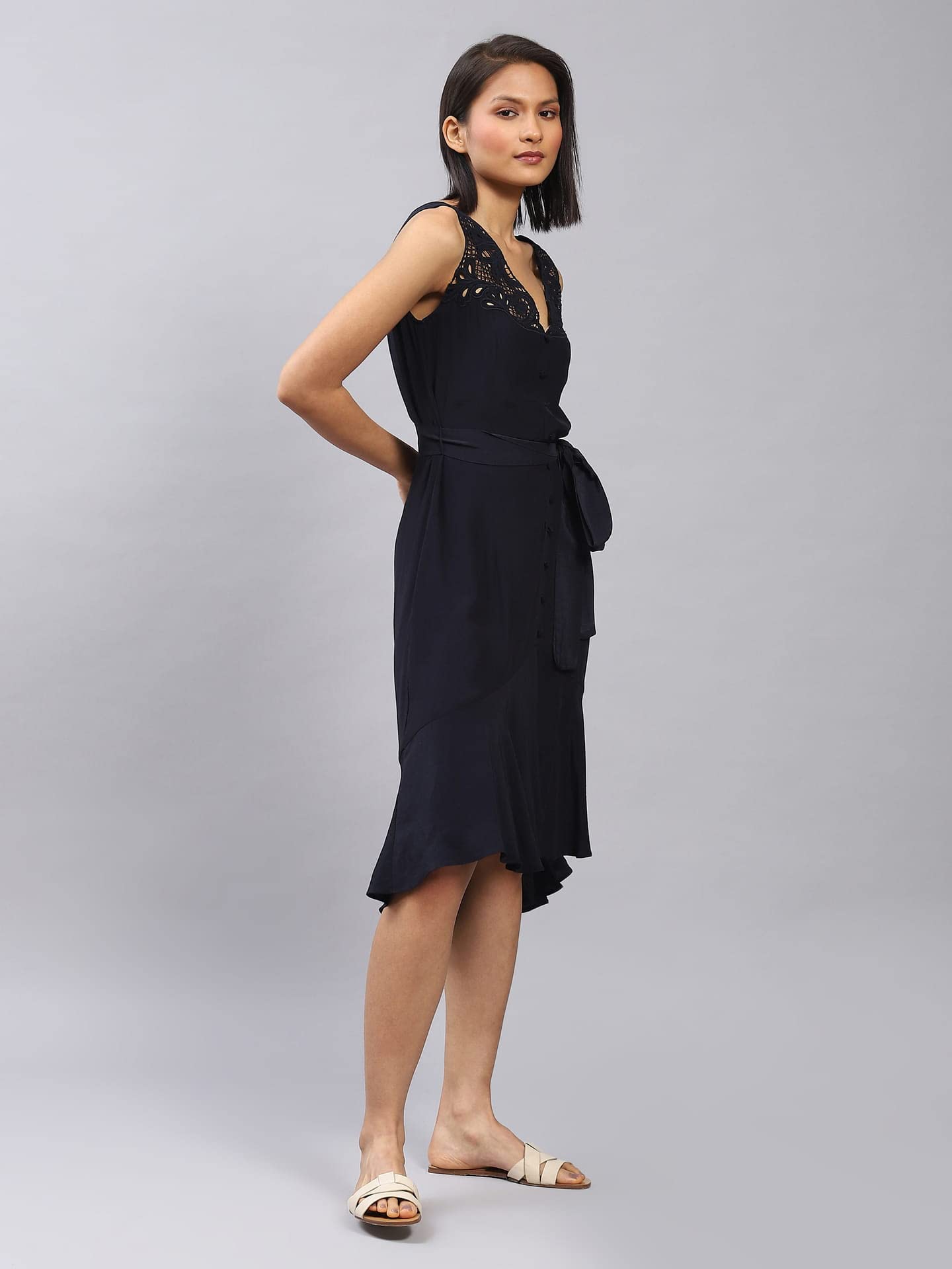 Label RITU KUMAR Navy Blue Tie-Up Midi Dress