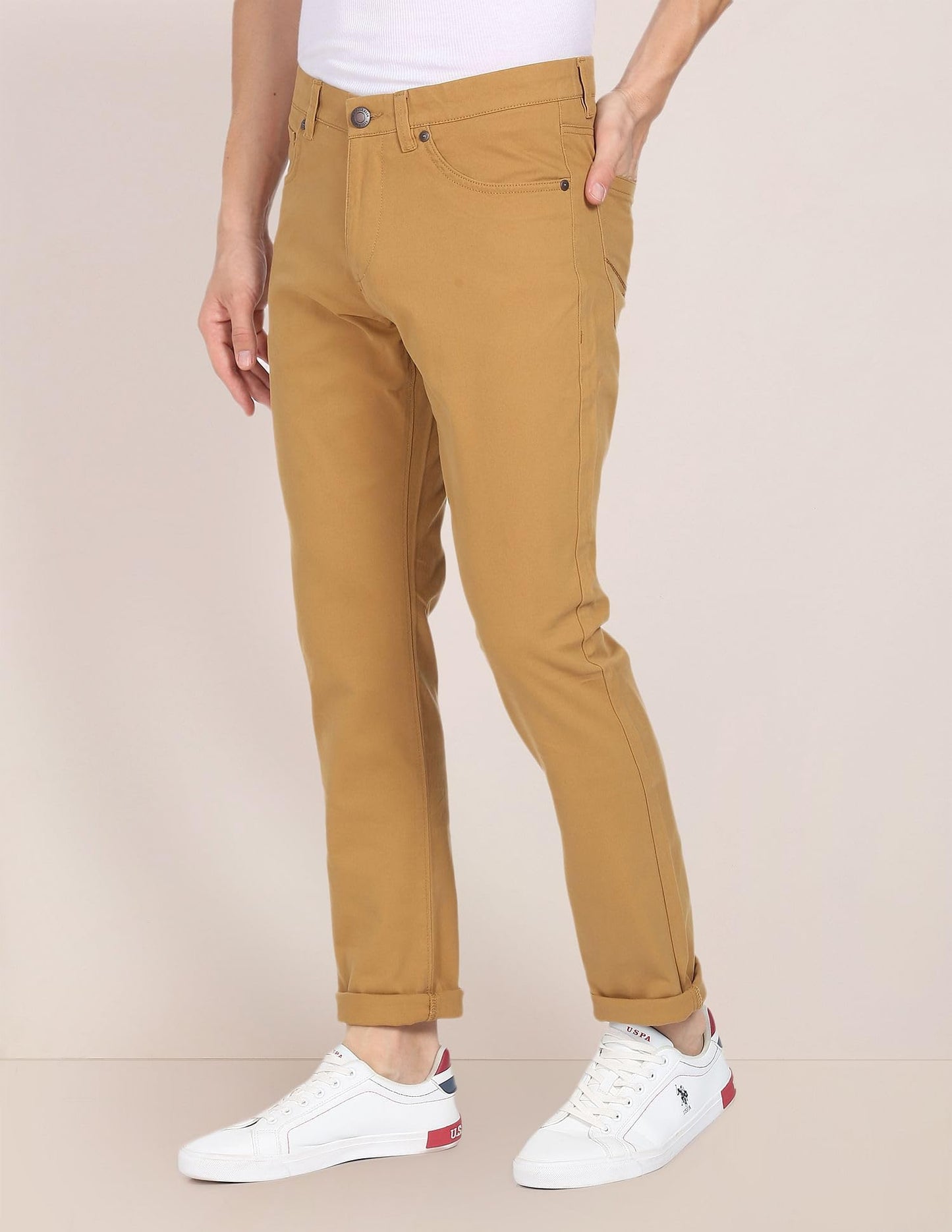 U.S. POLO ASSN. Men's Solid Brandon Regular Fit Mid Rise Casual Trousers (USTROO0269_Khaki_32)