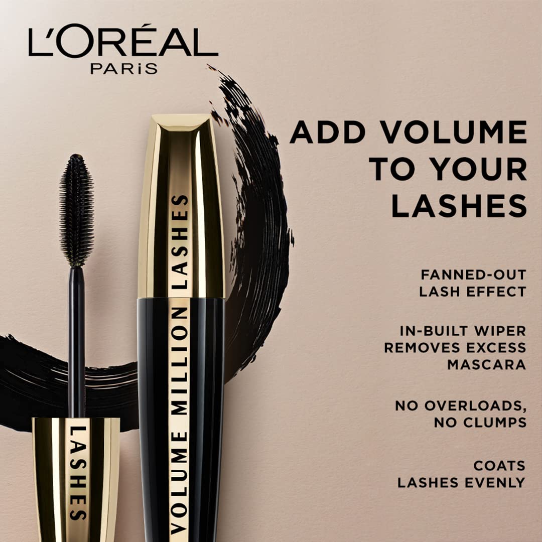 L'Oréal Paris Mascara, Fanned Out Lash Effect, Washable, Clump-free and Smudge-free, Volume Million Lashes, Extra Black, 10.7ml