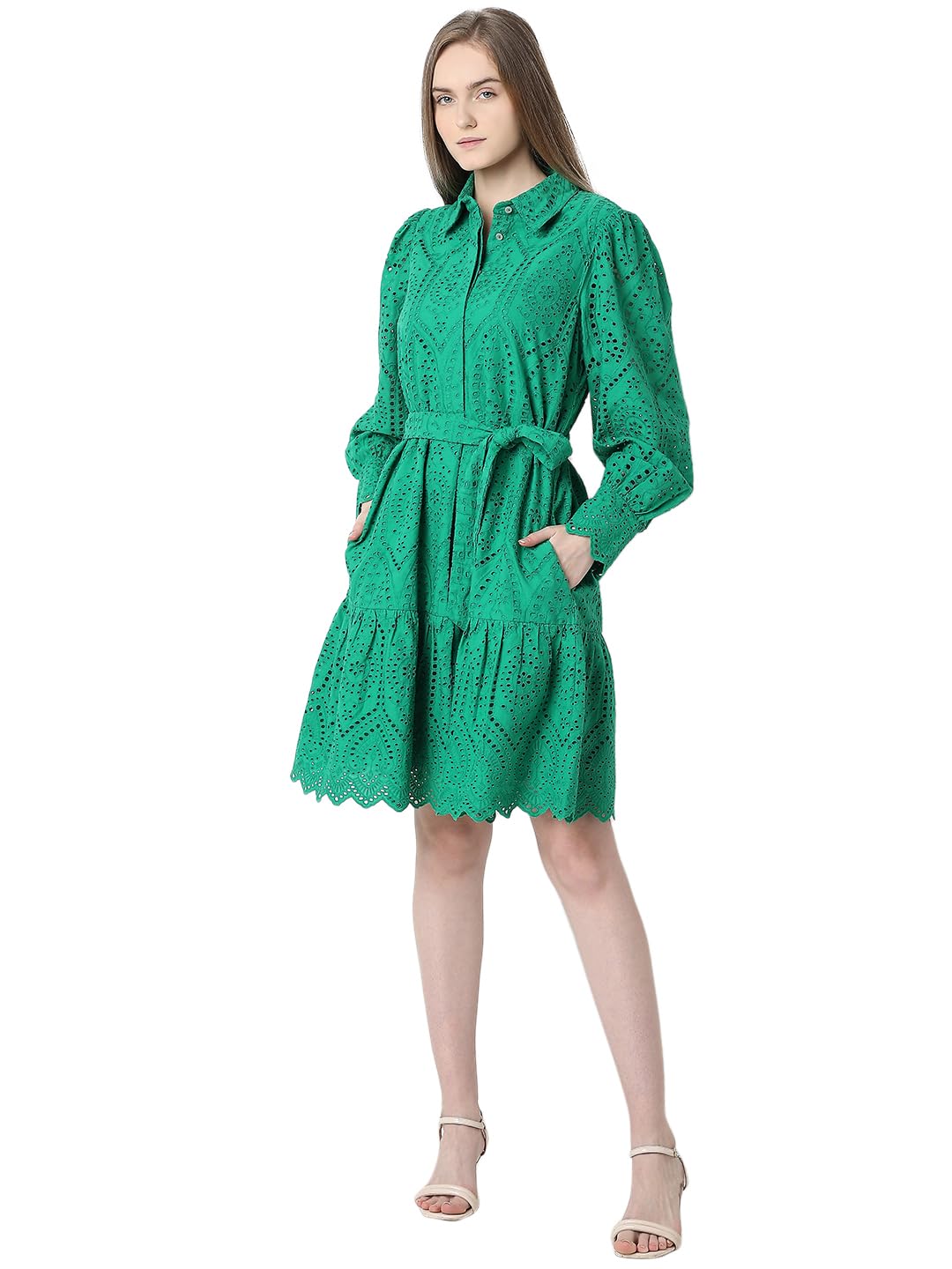Vero Moda Women's Cotton Shirt Above The Knee Dress (9007019-Golf Green_Golf