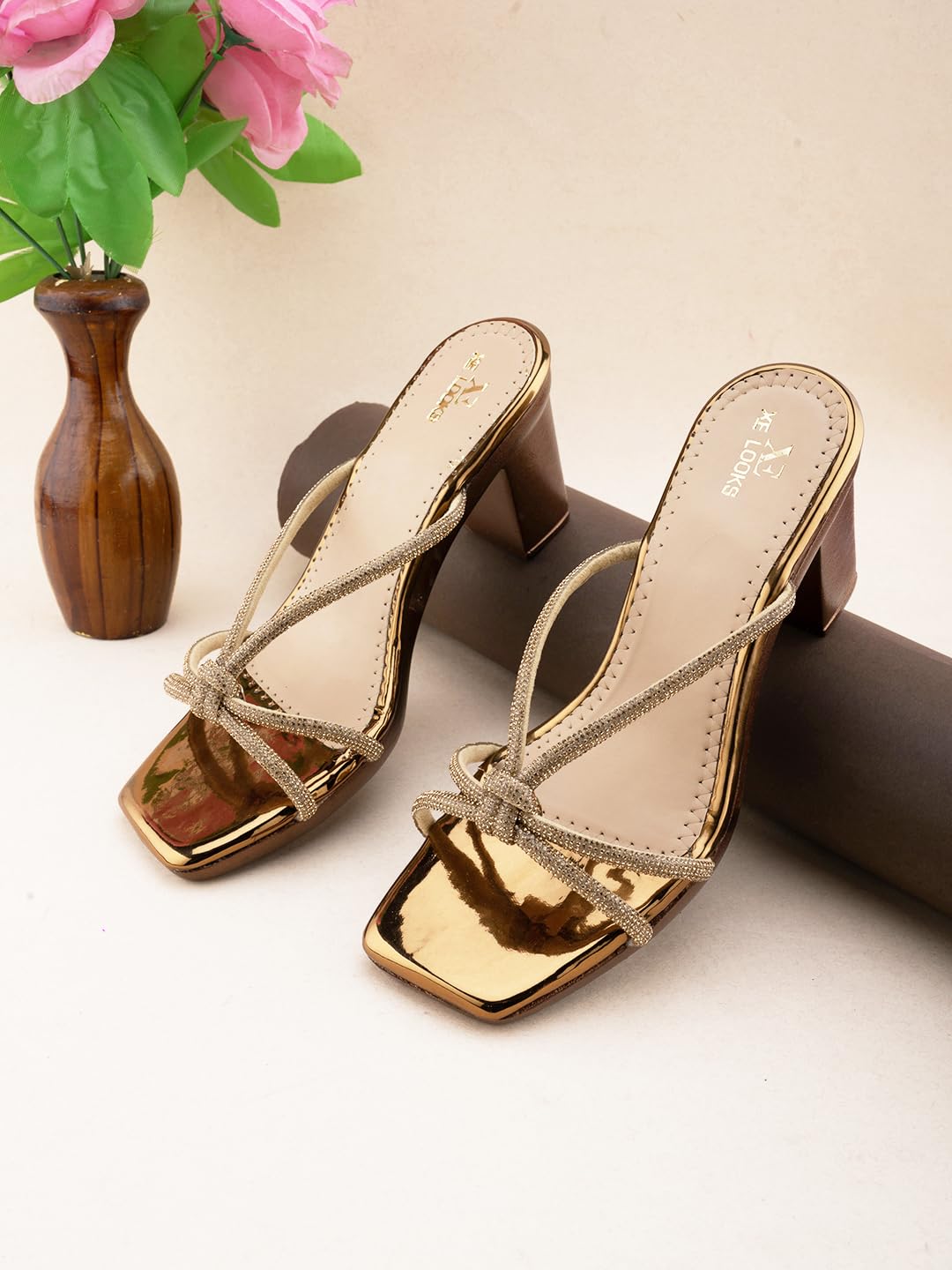 XE Looks Women's Copper Block Heels | Elegant Knotted Braided Straps | Stylish & Comfortable Heels | Fashionable Block Heels For Girls & Women