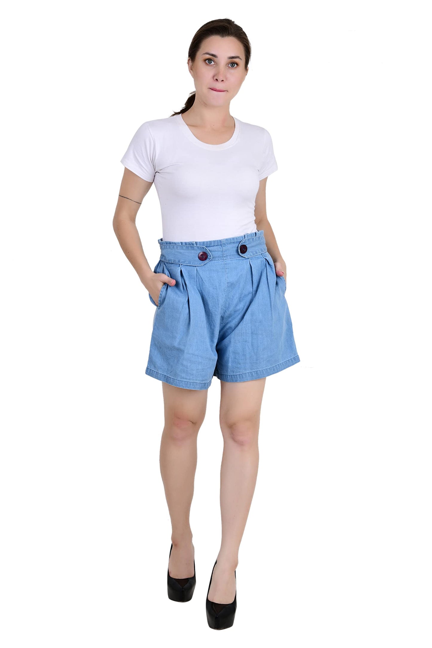 Tara Lifestyle Solid Denim High Waist Shorts-Women Hot Pant (Waist-30-32, Light Blue)