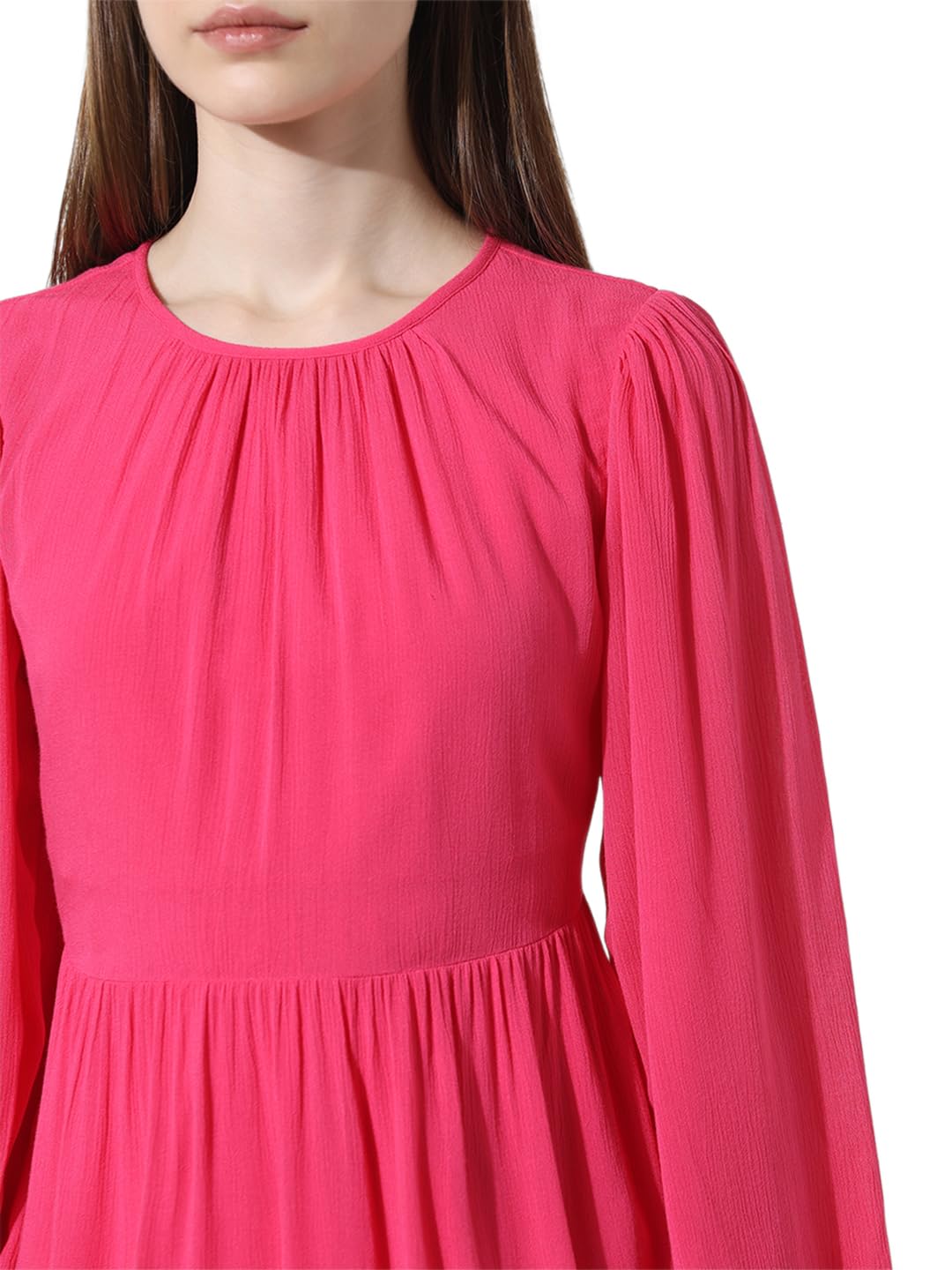 ONLY Women Solid Viscose Above Knee Pink Tiered Dress
