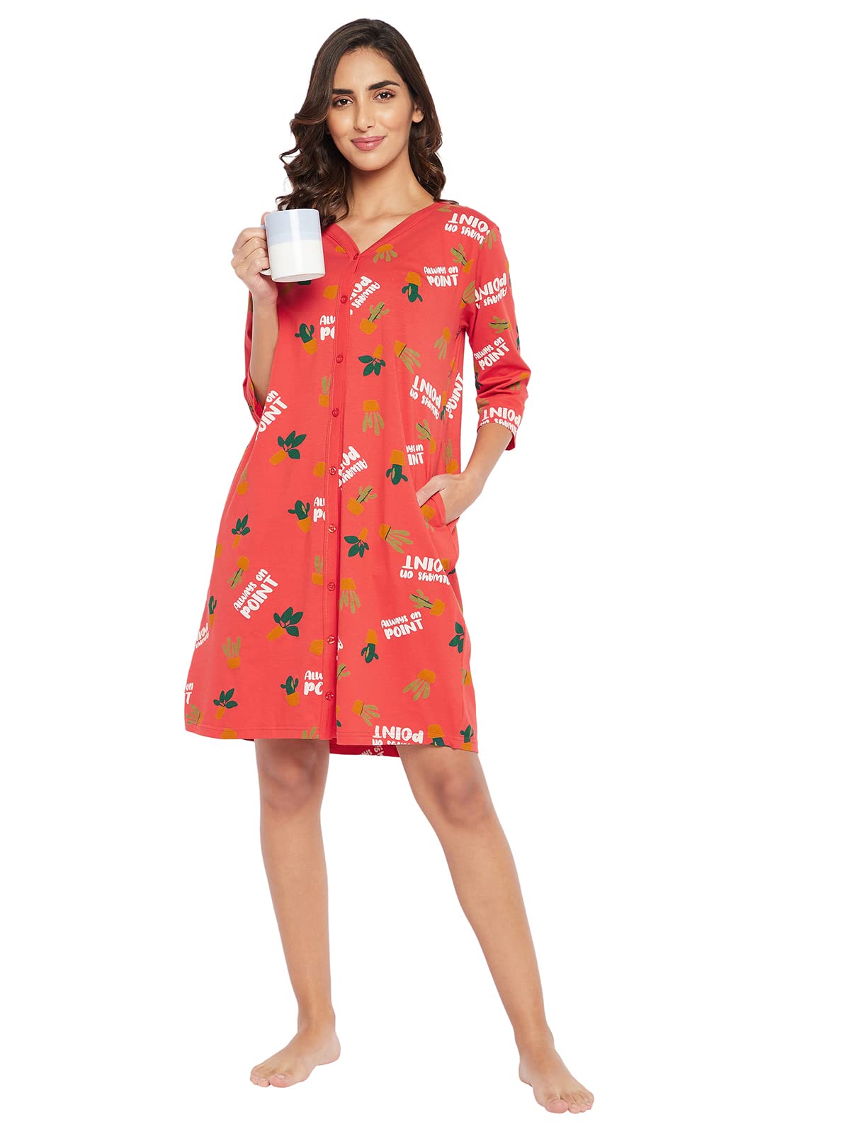 Clovia Women's Cotton Cactus Print Button Me Up Night Dress(NS1487P04_Red_S)