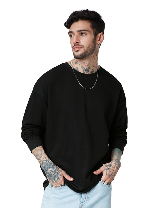 The Souled Store Solids: Black () Full SleeveSolid Black Color Men Full Sleeve Oversized T Shirts for Men Baggy Off-Shoulder Loose Fit Relaxed Drop Shoulder Round Neck Back Printed