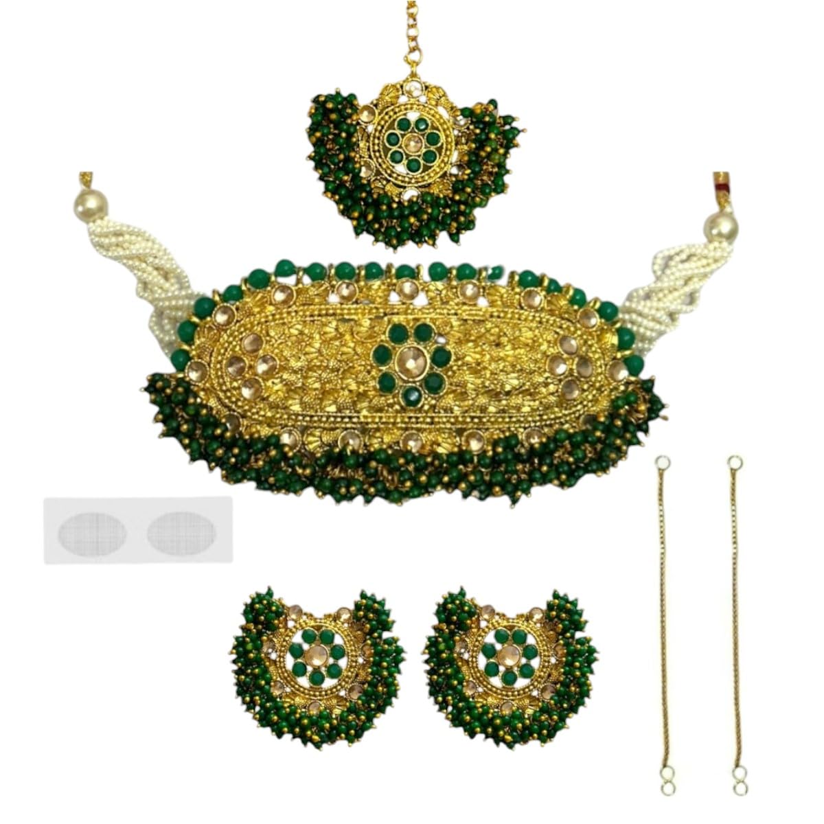 ACCESSHER Gold Plated Green Rajwadi Style Choker Set with Earrings and Maangtikka with a Pair of Gold-Plated Earring Supporter & Maangtikka Supporter Patch Sticker | For Women & Girls