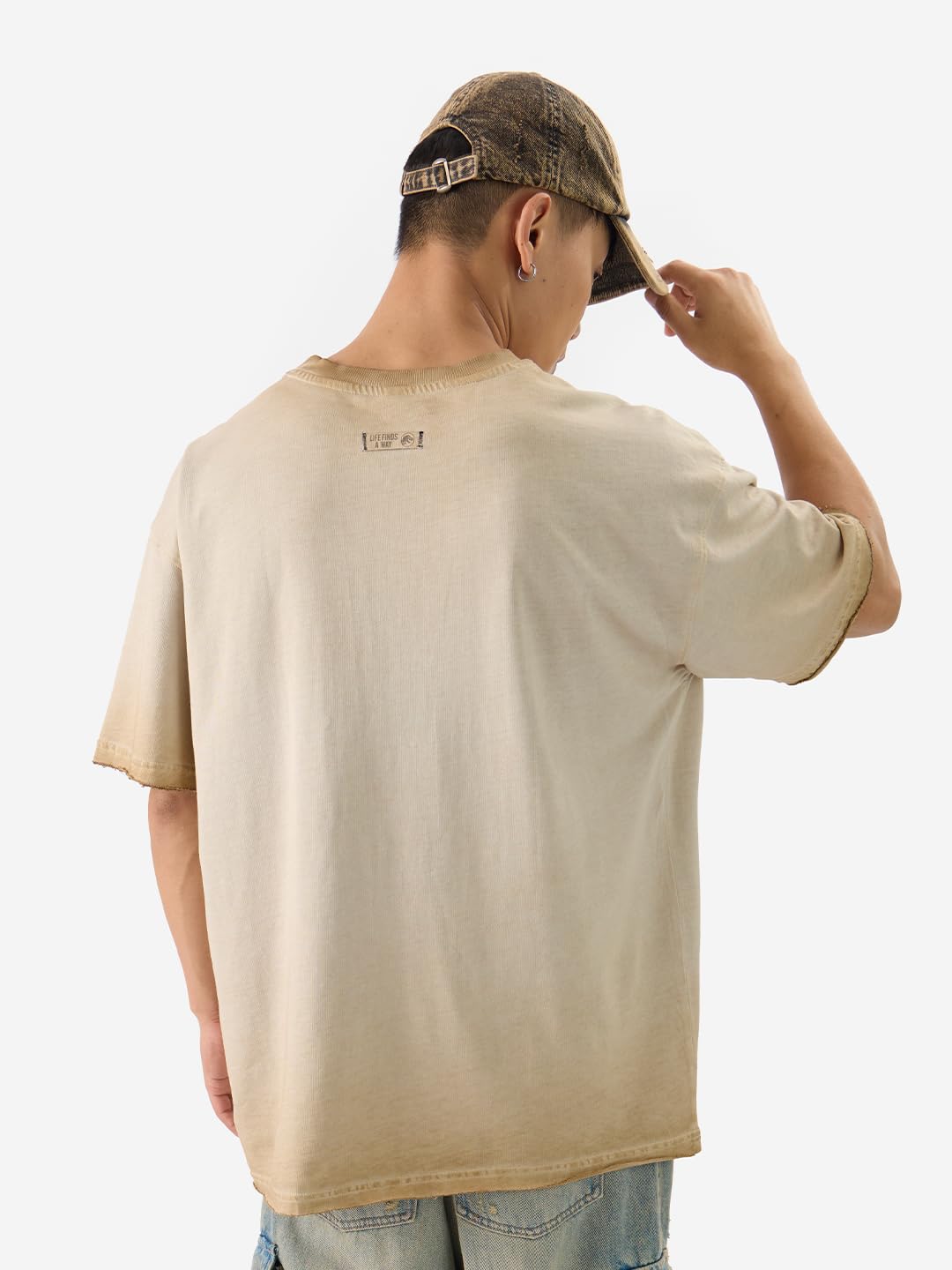 The Souled Store Official Jurassic Park: Logo Men and Boys Short Sleeves Round Neck Beige Graphic Printed Cotton Oversized T-Shirts