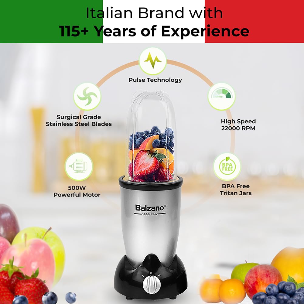 Balzano Bullet Mixer Grinder 500W, 3 Jars, 2 Blades, 2 Lids, Italian Premium Brand, Pulse Function, Blender for Smoothies and Juices/Smoothie Maker, Portable Blender, Grinder for Kitchen, Silver