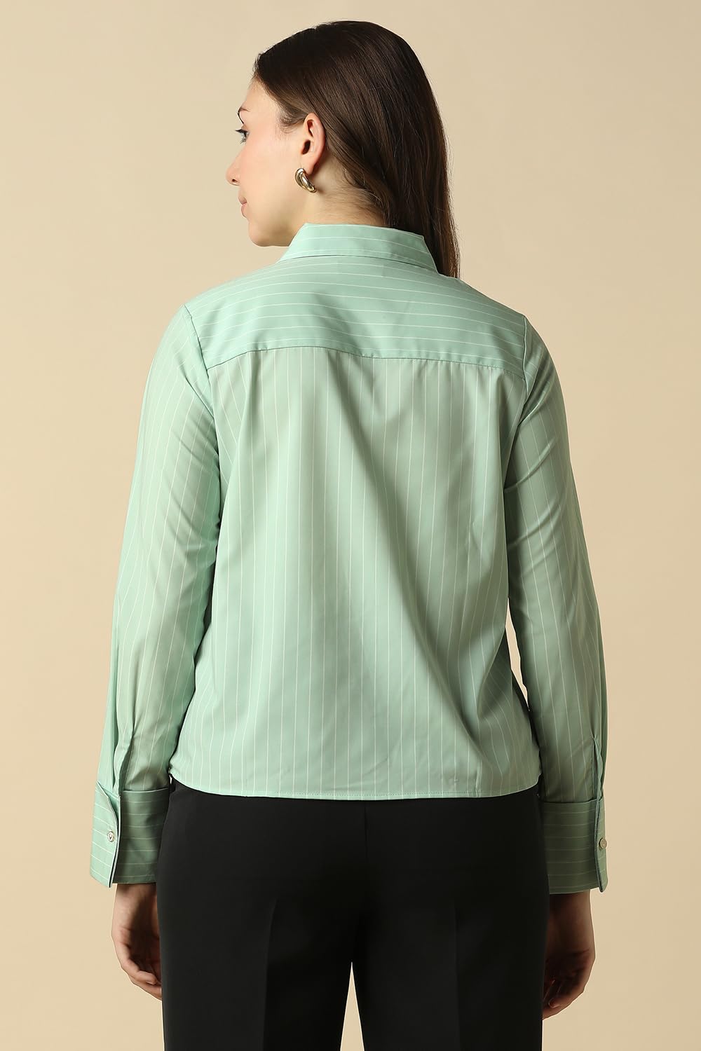 Women Green Stripe Long Sleeves Shirt