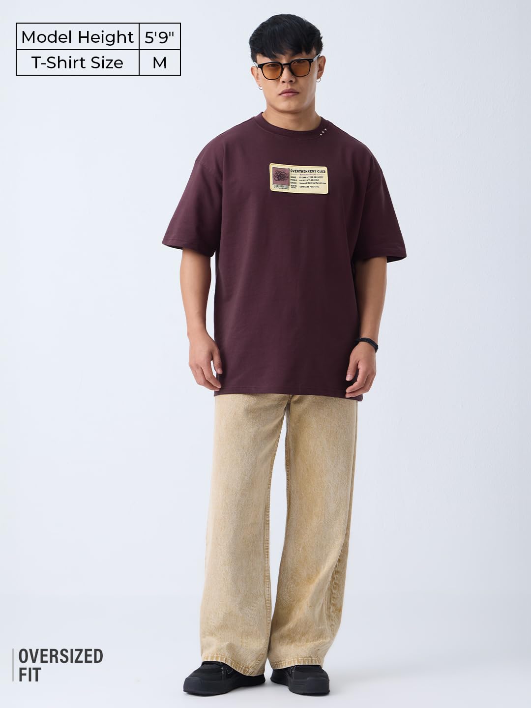 The Souled Store Overthinker's Club Men and Boys Short Sleeves Round Neck Burgundy Embellished Casual Drop Shoulder Streetwear Cotton Oversized T-Shirts