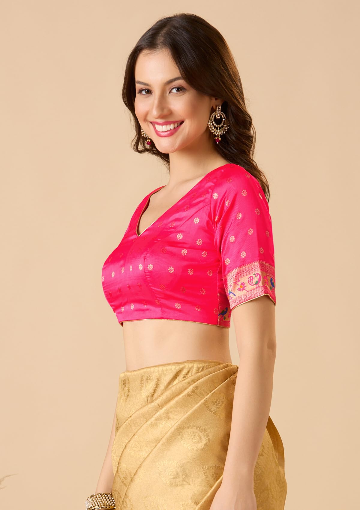 S SALWAR STUDIO Pink Paithani Silk V Neck Readymade Blouse