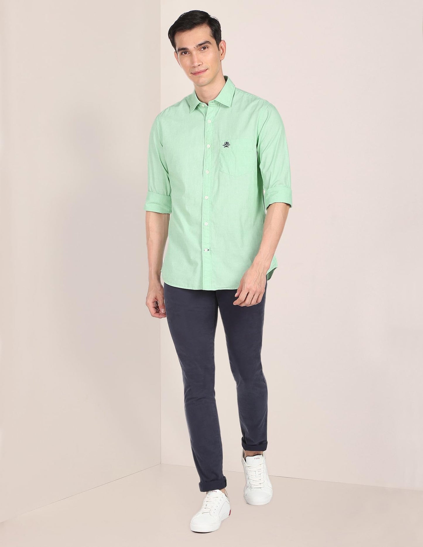 U.S. POLO ASSN. Men's Solid Spread Collar Premium Cotton Tailored Fit Shirt (USSHTR0004_Green_L)